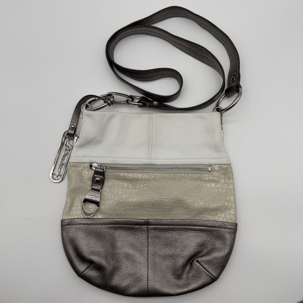 B. Makowsky Leather Crossbody Bag Metallic Colorblock Croc Embossed Y2K Indie